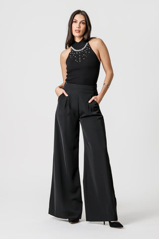 Blusa de escote alto con bordado - NEGRO