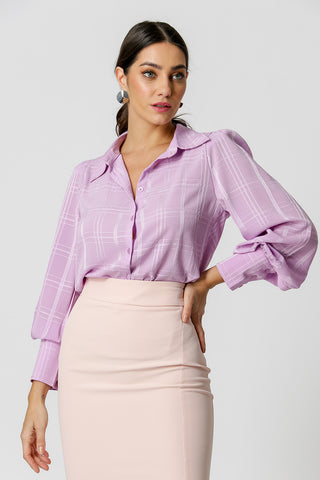 Camisa de cuadros con mangas abullonadas - LILAS CLAROS