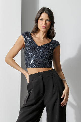 Blusa corta bordada - AZUL MARINO