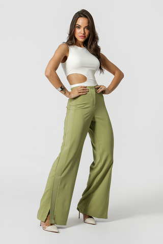 Pantalones de pierna ancha con abertura lateral - MUSGO CLARO