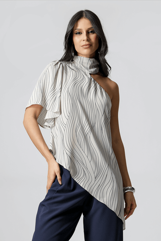 Blusa Estampada Assimétrica Com Gola - GELO ESC 6058
