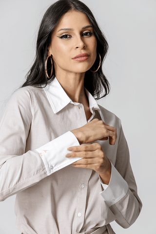 Camisa de rayas con cuello y puños en contraste - BEIGE 90149