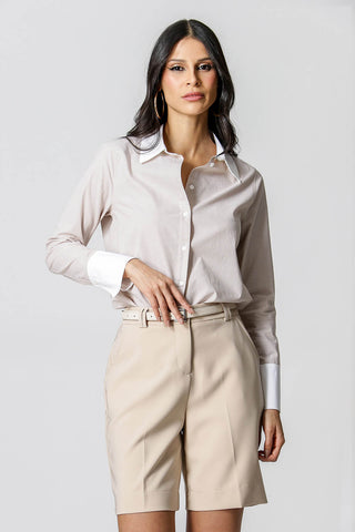Camisa de rayas con cuello y puños en contraste - BEIGE 90149