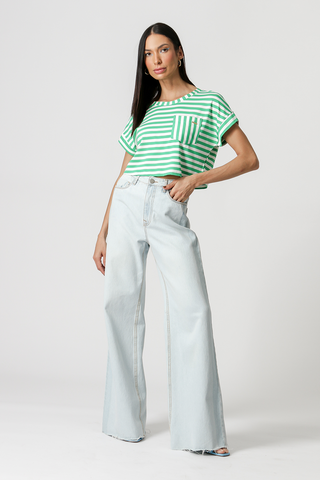 Camiseta de rayas con bolsillo delantero - VERDE 90142