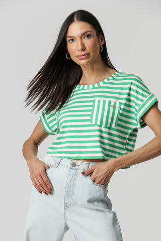 Camiseta de rayas con bolsillo delantero - VERDE 90142