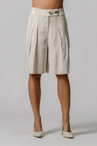 Bermudas de lino a rayas - BEIGE 90151