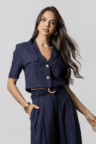 Chaqueta corta de lino - AZUL MARINO