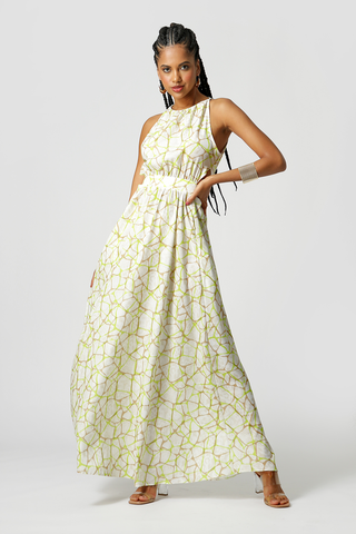 Vestido Longo Vazado Estampado - KAKI 2079