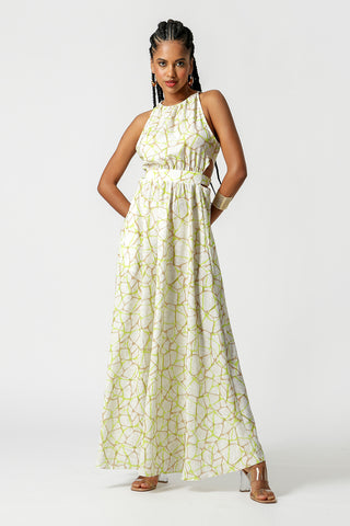 Vestido Longo Vazado Estampado - KAKI 2079