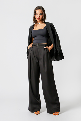 Pantalones anchos con cinturón fino - NEGRO