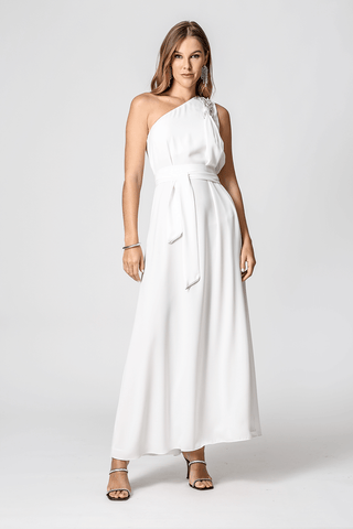 Vestido Longo Com Faixa e Detalhe de Strass - OFF WHITE