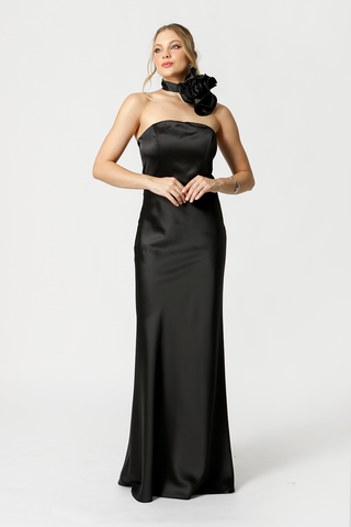 Vestido largo de satén - NEGRO