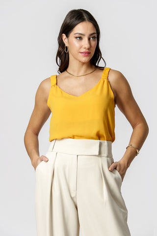 Blusa Decote V Alça Franzida - MOSTARDA
