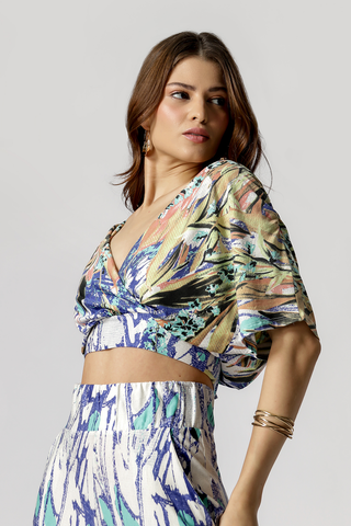 Blusa Transpassada Manga Curta Estampada - AQUA 84673