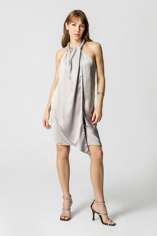 Vestido De Cetim Com Gargantilha de Strass - CINZA