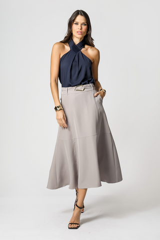 Falda midi con cinturón - GRIS