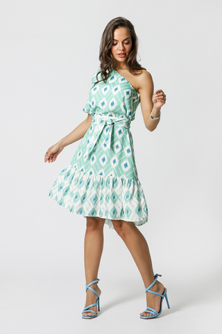 Vestido estampado de un solo hombro - VERDE 3069