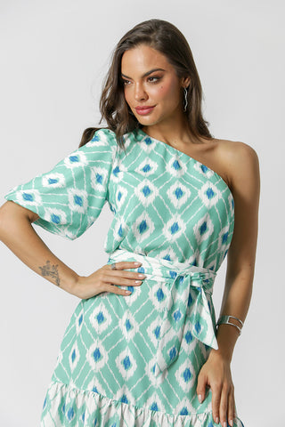 Vestido estampado de un solo hombro - VERDE 3069