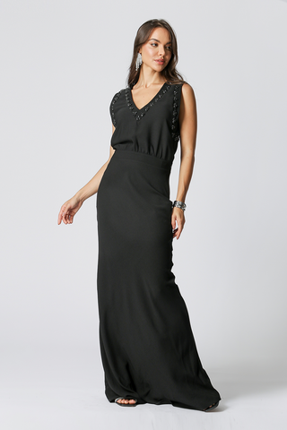 Vestido bordado con pedrería - NEGRO