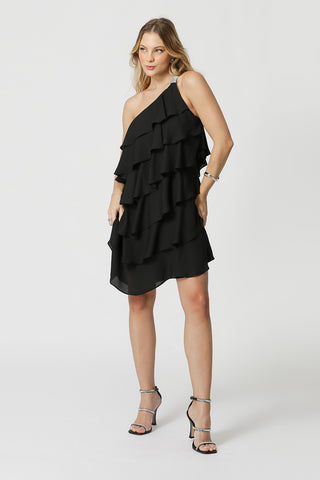 Vestido con volantes de un solo hombro - NEGRO