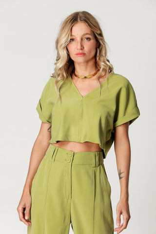 Blusa Cropped Decote Em V - OLIVA