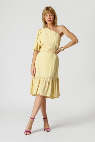 Vestido Um Ombro Barrado - BEGE