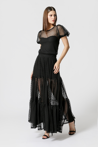 Vestido midi de tul - NEGRO