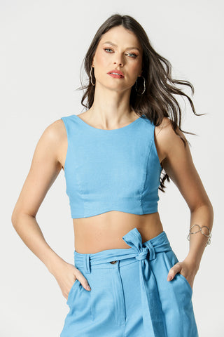 Top Cropped De Linho - TURQUESA