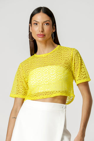 Blusa Cropped Com Transparência - AMARELO