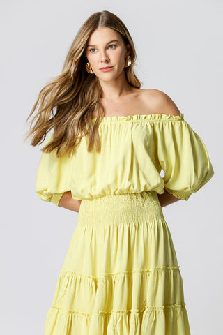 Vestido con hombros descubiertos y elástico - PISTACHO
