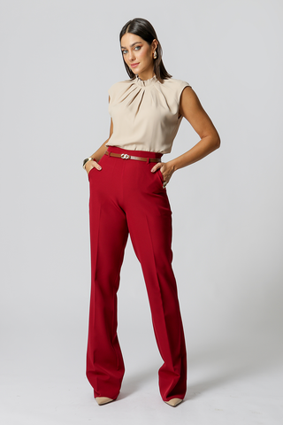 Pantalones rectos de sastre con cinturón - WINE ESC