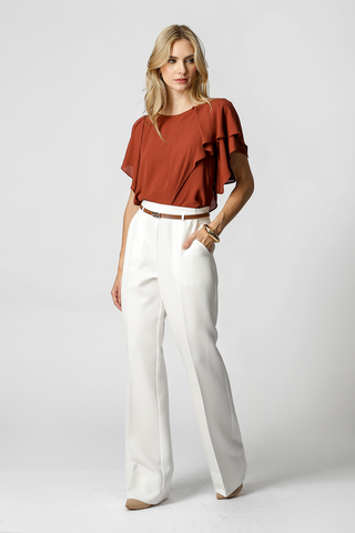 Pantalón recto sastre con cinturón - BLANCO ROJO