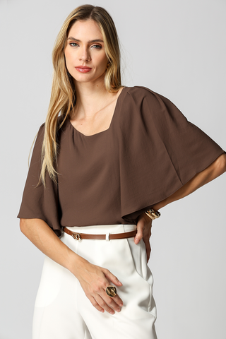 Blusa Manga Angel Decote Assimétrico - CAFE