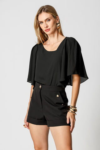 Blusa Manga Angel Decote Assimétrico - PRETO