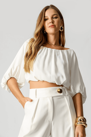 Blusa globo con hombros descubiertos - BLANCO ROJO