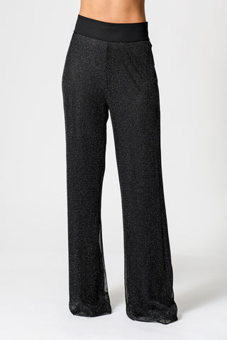 Calça Pantalona Com Tela Transparente - PRETO