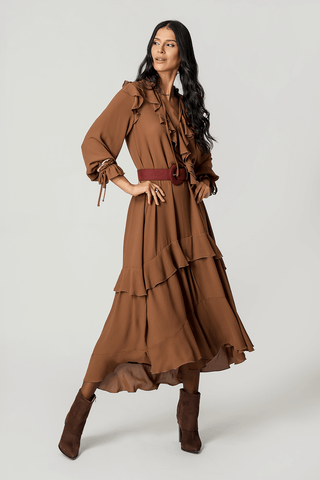 Vestido Com Babados - CHOCOLATE