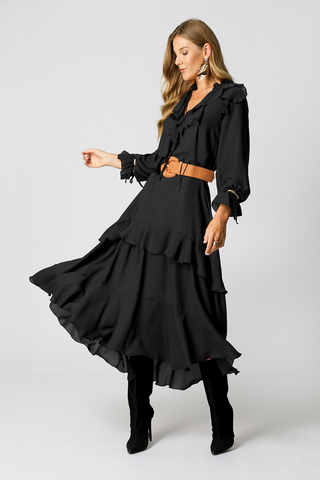 Vestido Com Babados - PRETO