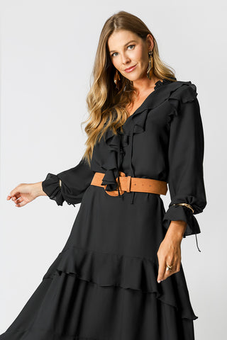 Vestido Com Babados - PRETO