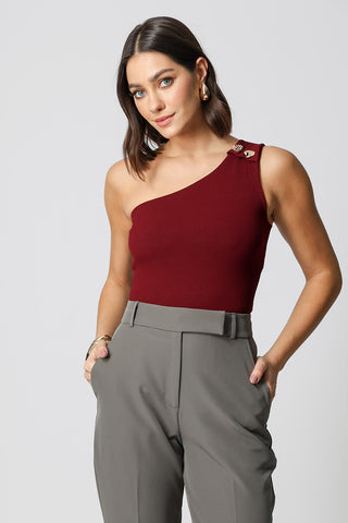 Blusa de un solo hombro con botones dorados - WINE ESC