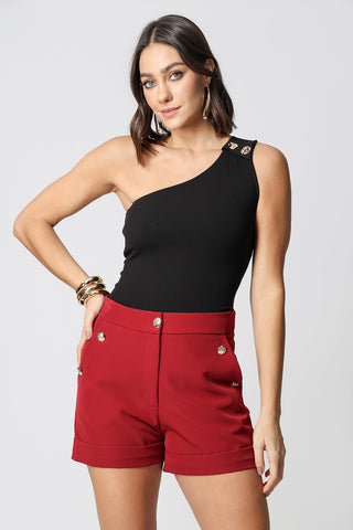 Blusa de un solo hombro con botones dorados - NEGRO