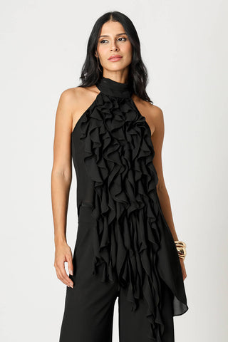 Blusa con Volantes y Cuello Alto - NEGRO