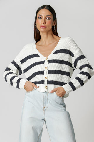Cardigan Tricot Listrado - MARINHO