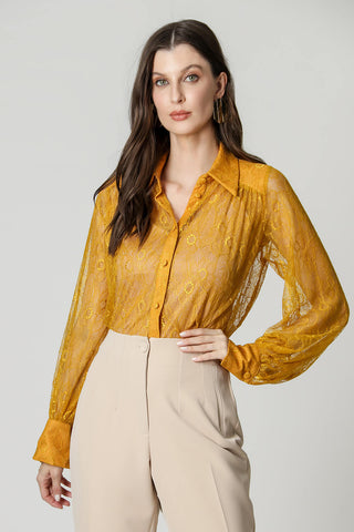 Camisa con mangas largas abullonadas de encaje - MOSTAZA