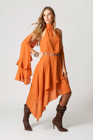 Vestido asimétrico de capas - NARANJA ESC