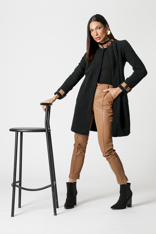 Trench Coat Detalhes Em Couro PU - PRETO