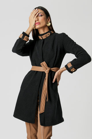Trench Coat Detalhes Em Couro PU - PRETO