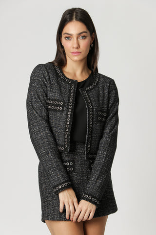 Chaqueta de tweed con detalles de encaje - NEGRO