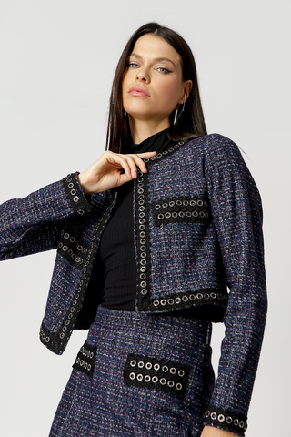 Chaqueta de tweed con detalles de encaje - AZUL MARINO