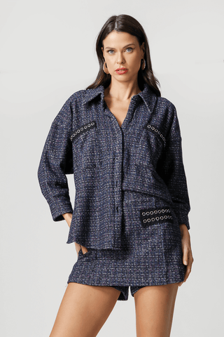 Camisa de tweed con bolsillo y detalle de ribete - AZUL MARINO